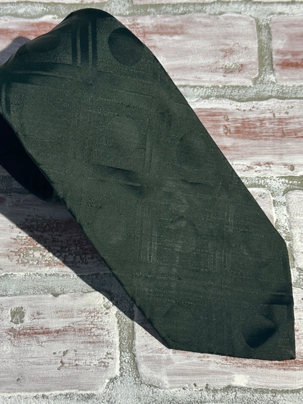 Vintage Foleys Mens Store Black with Green Hue Tie Geometric Jacquard 80s Retro